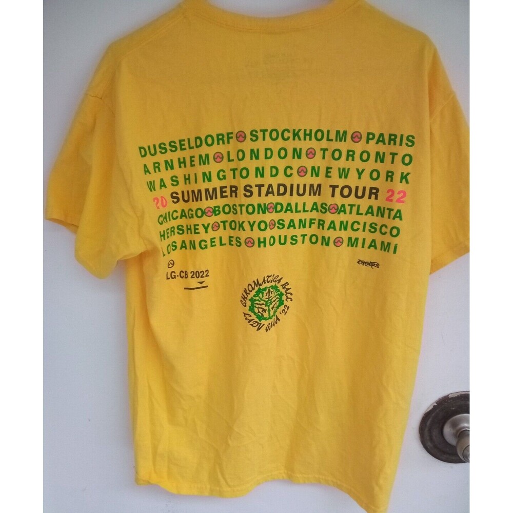2022 LADY GAGA CONCERT TSHIRT Chromatica Ball Tour Date Cities Yellow Adult Sz L